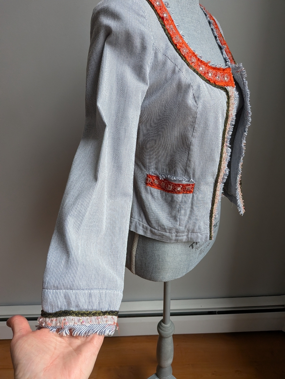 Free People Blue Pinstripe Blazer with Coral Trim - Picture 4 of 14